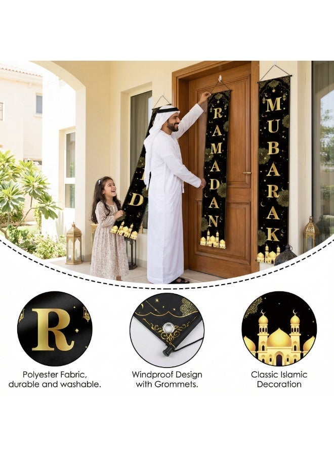 3 PCS Ramadan Kareem & Eid Mubarak Porch Banner Set, Vertical Hanging Door Sign, Islamic Party Decoration, Large Polyester Couplet for Outdoor Indoor Front Door Wall Home Decor (Black & Gold, 180 x 30 cm / 6 ft) - Image 2